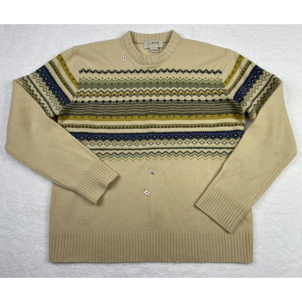 Vintage J Crew Men Cream 100% Lambswool L/S Fair Isle Sweater size L.